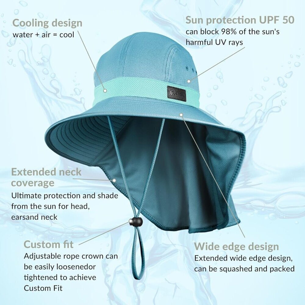 Cooling Bucket Hat Nylon Polyester Wide Brim Neck Flap Sun Protection - Picture 2 of 7